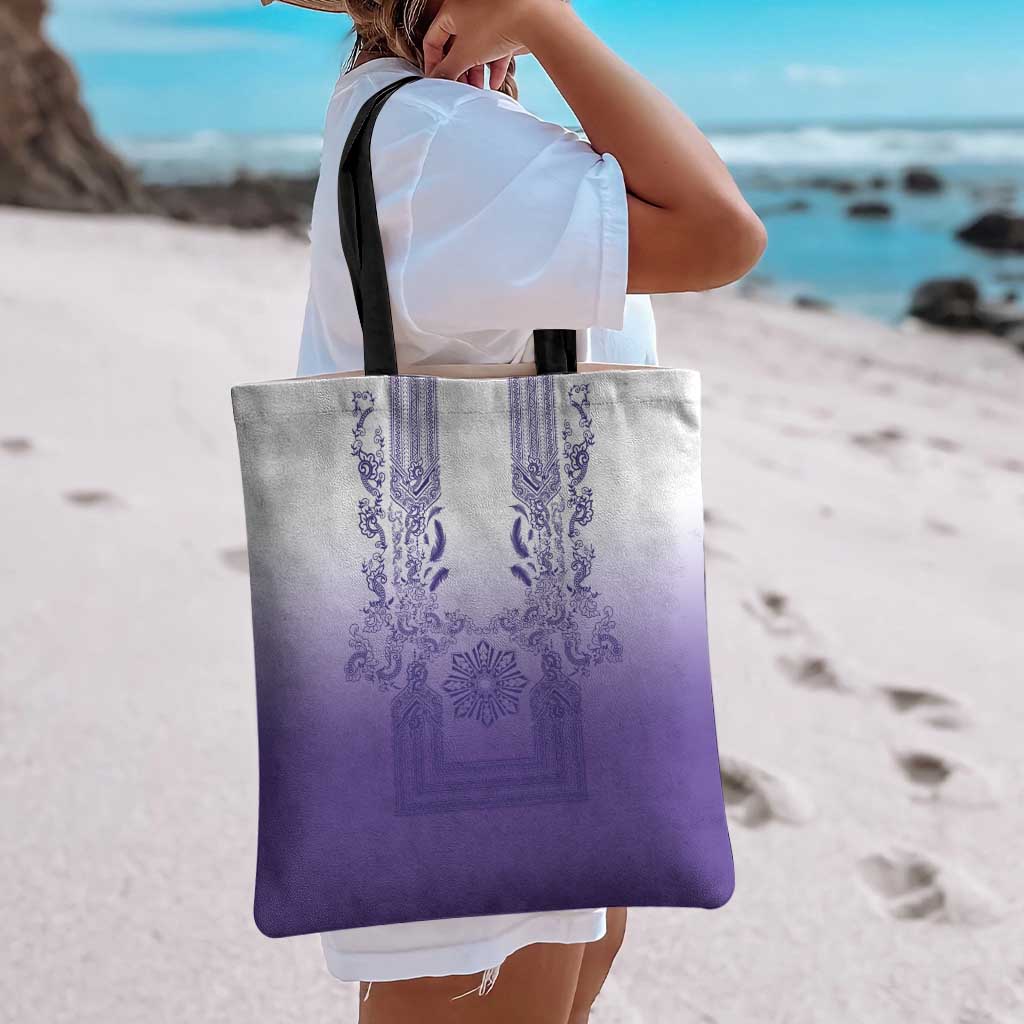 Philippines Barong Style Tote Bag with Polynesian Art and Leaf Motif Purple Color