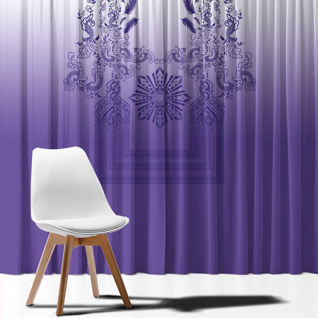 Philippines Barong Style Window Curtain with Polynesian Art and Leaf Motif Purple Color