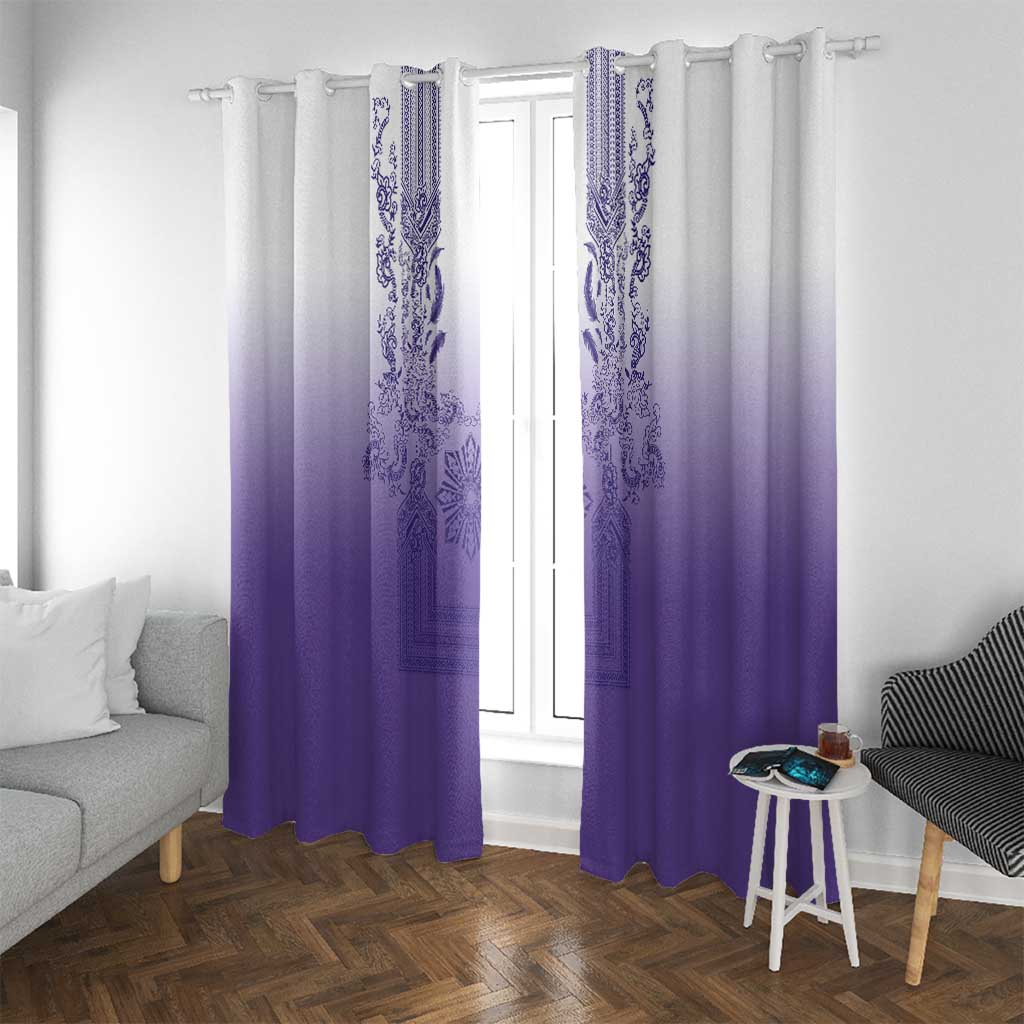 Philippines Barong Style Window Curtain with Polynesian Art and Leaf Motif Purple Color