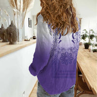 Philippines Barong Style Women Casual Shirt with Polynesian Art and Leaf Motif Purple Color