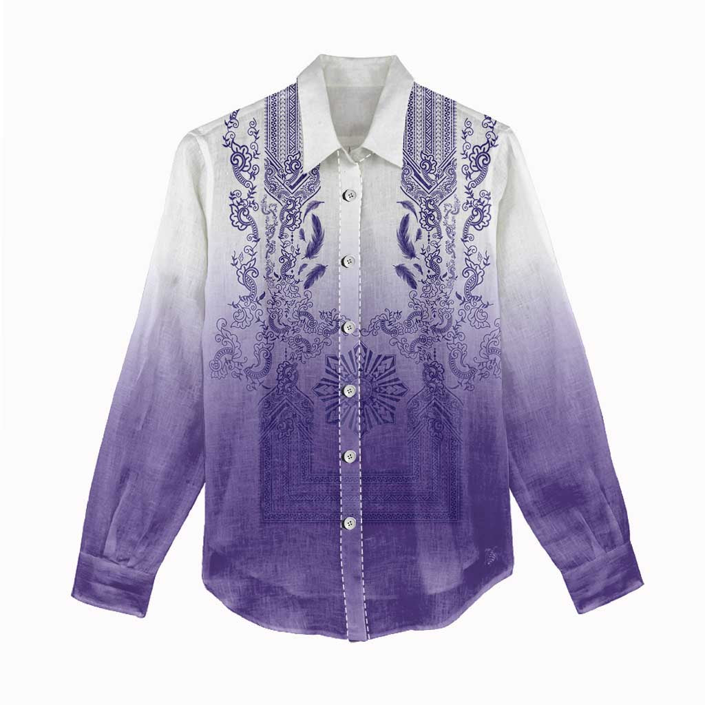 Philippines Barong Style Women Casual Shirt with Polynesian Art and Leaf Motif Purple Color