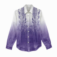 Philippines Barong Style Women Casual Shirt with Polynesian Art and Leaf Motif Purple Color