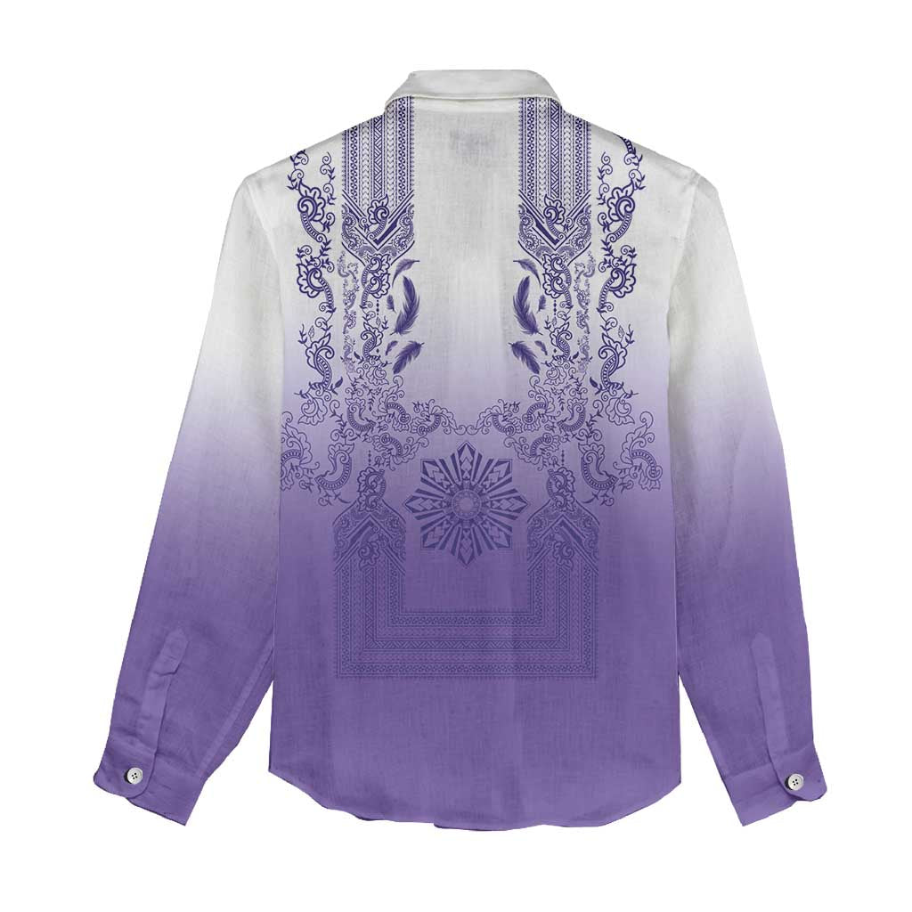 Philippines Barong Style Women Casual Shirt with Polynesian Art and Leaf Motif Purple Color
