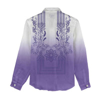 Philippines Barong Style Women Casual Shirt with Polynesian Art and Leaf Motif Purple Color