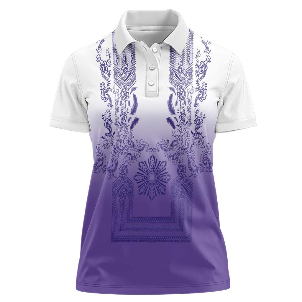 Philippines Barong Style Women Polo Shirt with Polynesian Art and Leaf Motif Purple Color