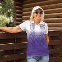 Philippines Barong Style Women Polo Shirt with Polynesian Art and Leaf Motif Purple Color