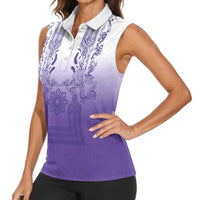 Philippines Barong Style Women Sleeveless Polo Shirt with Polynesian Art and Leaf Motif Purple Color