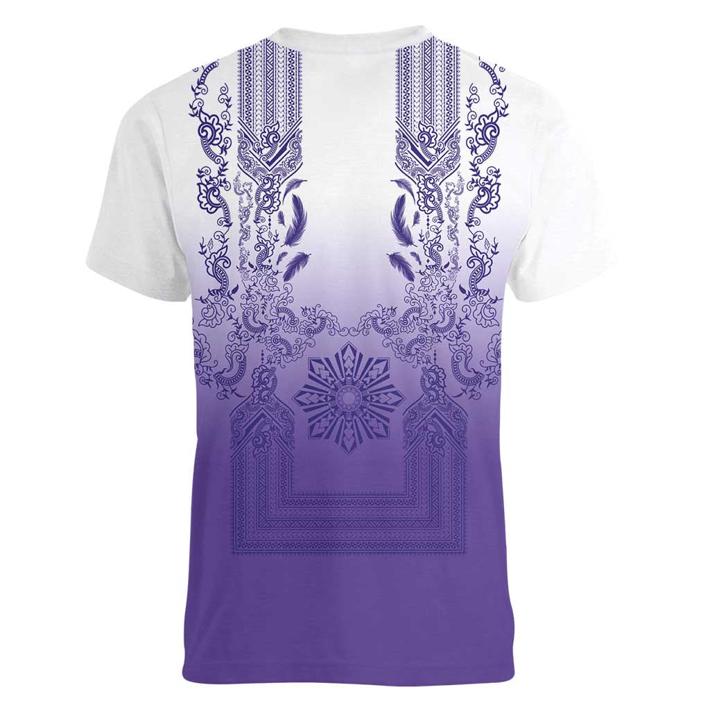 Philippines Barong Style Women V-Neck T-Shirt with Polynesian Art and Leaf Motif Purple Color
