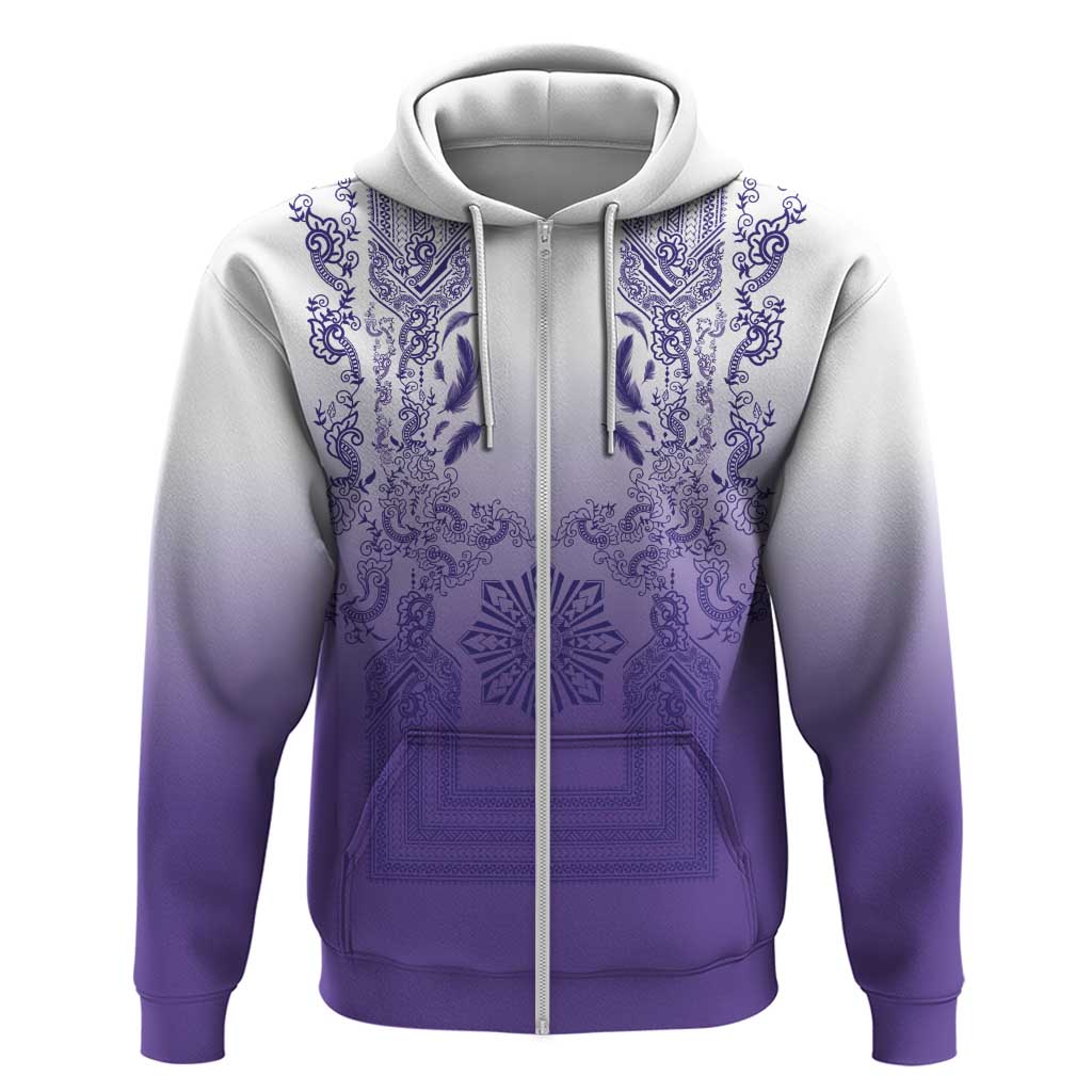 Philippines Barong Style Zip Hoodie with Polynesian Art and Leaf Motif Purple Color