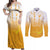 Philippines National Costume Style Couples Matching Off Shoulder Maxi Dress and Long Sleeve Button Shirt Barong Tagalog and Eagle Feather Yellow Color