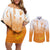 Philippines National Costume Style Couples Matching Off Shoulder Short Dress and Long Sleeve Button Shirt Barong Tagalog and Eagle Feather Orange Color