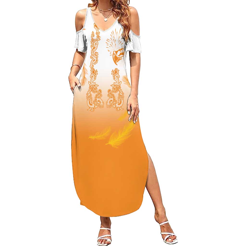 Philippines National Costume Style Summer Maxi Dress Barong Tagalog and Eagle Feather Orange Color