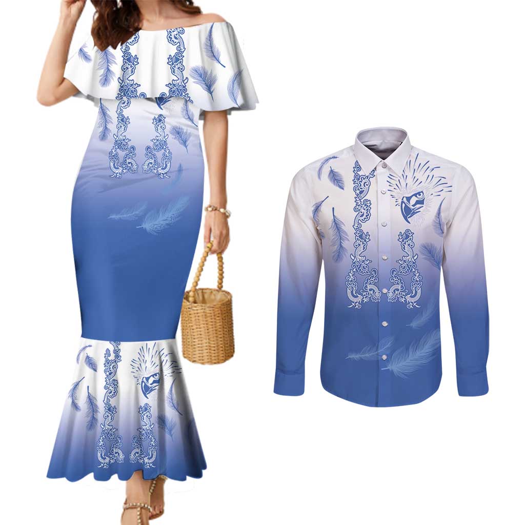 Philippines National Costume Style Couples Matching Mermaid Dress and Long Sleeve Button Shirt Barong Tagalog and Eagle Feather Blue Color