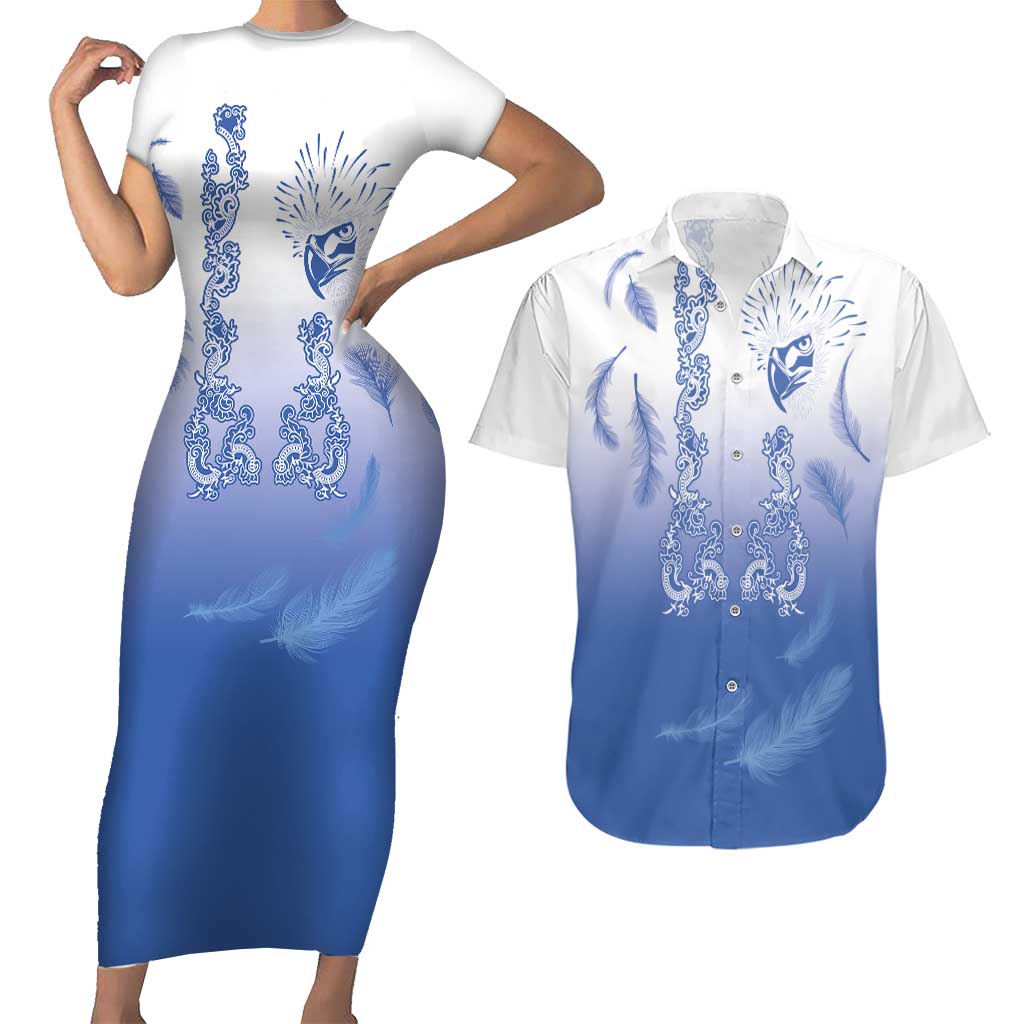 Philippines National Costume Style Couples Matching Short Sleeve Bodycon Dress and Hawaiian Shirt Barong Tagalog and Eagle Feather Blue Color