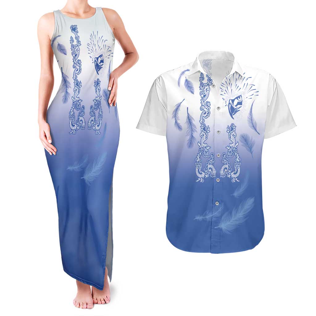 Philippines National Costume Style Couples Matching Tank Maxi Dress and Hawaiian Shirt Barong Tagalog and Eagle Feather Blue Color