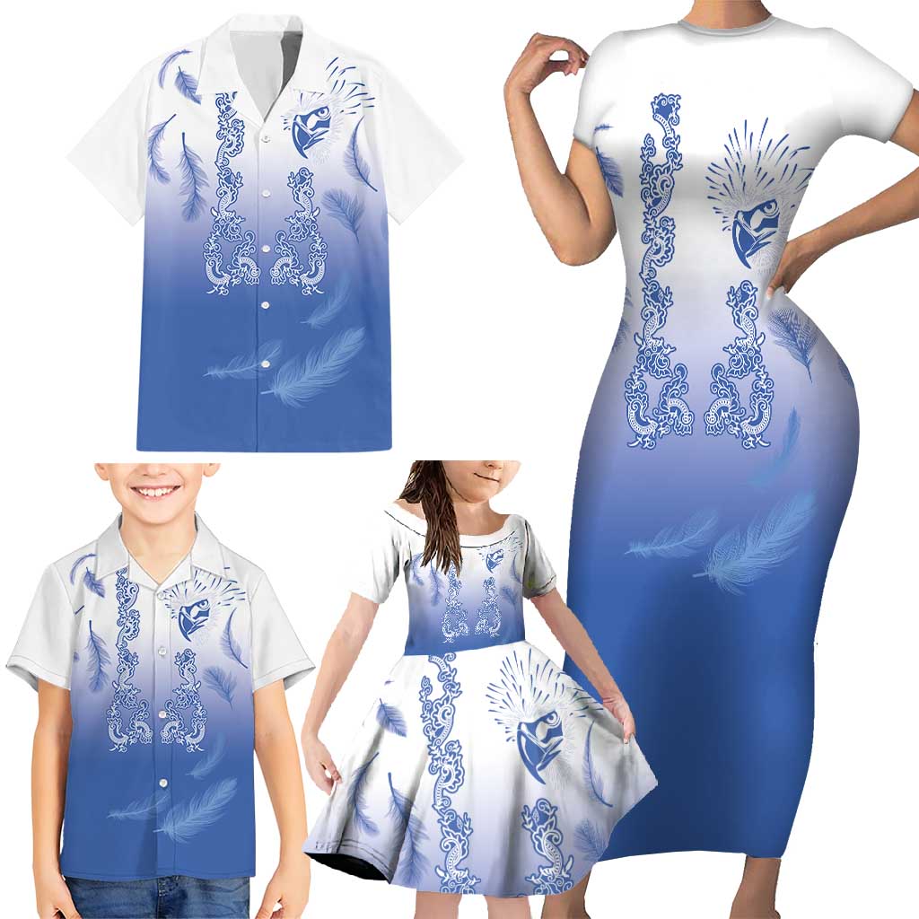 Philippines National Costume Style Family Matching Short Sleeve Bodycon Dress and Hawaiian Shirt Barong Tagalog and Eagle Feather Blue Color