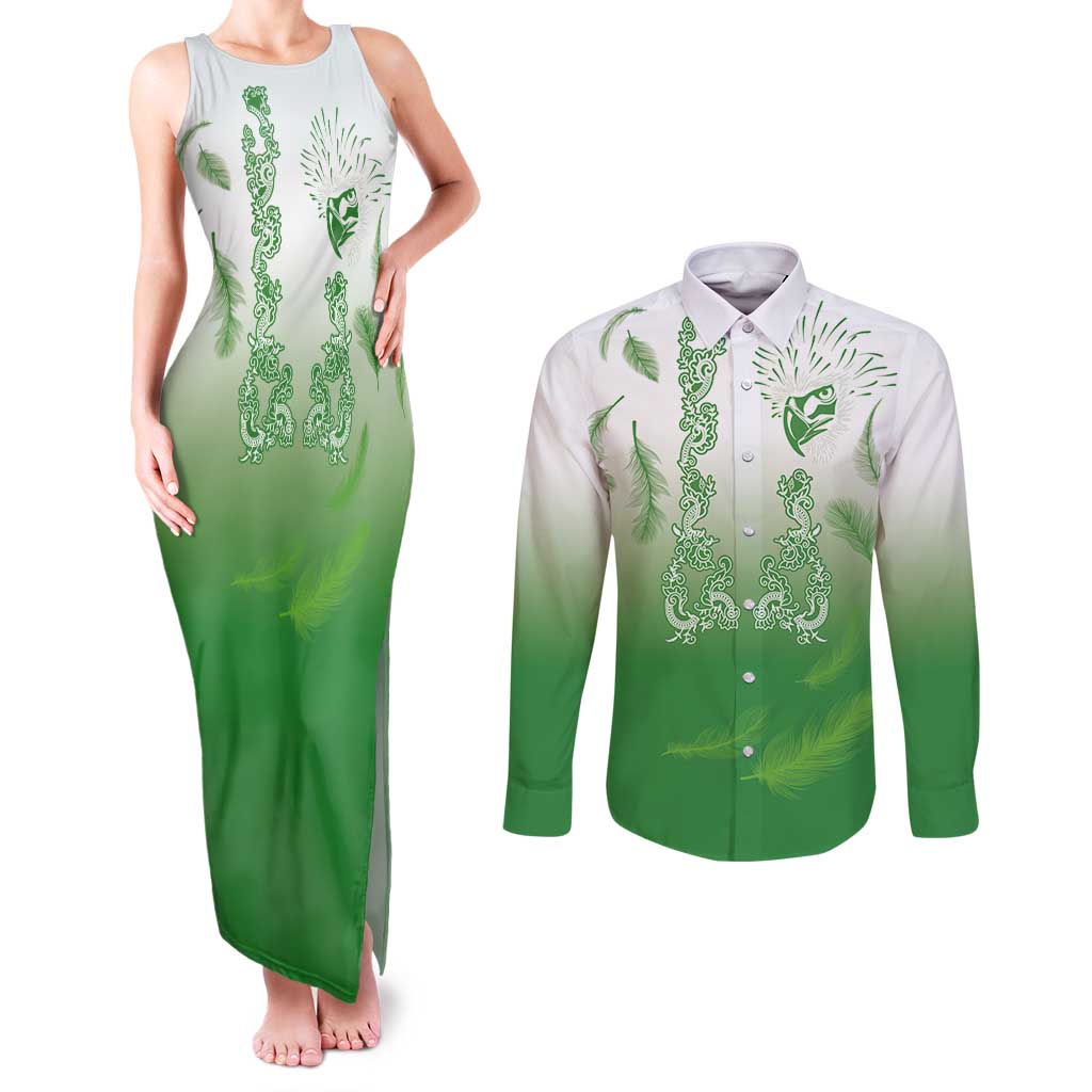 Philippines National Costume Style Couples Matching Tank Maxi Dress and Long Sleeve Button Shirt Barong Tagalog and Eagle Feather Green Color