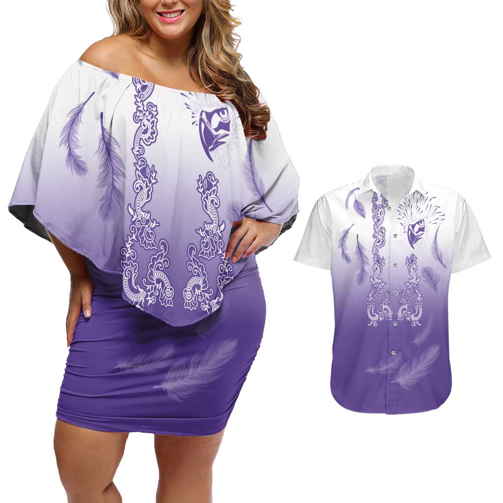 Philippines National Costume Style Couples Matching Off Shoulder Short Dress and Hawaiian Shirt Barong Tagalog and Eagle Feather Purple Color