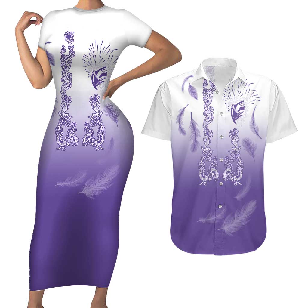 Philippines National Costume Style Couples Matching Short Sleeve Bodycon Dress and Hawaiian Shirt Barong Tagalog and Eagle Feather Purple Color