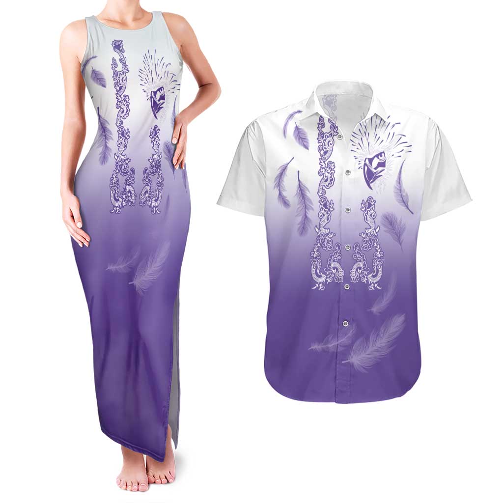 Philippines National Costume Style Couples Matching Tank Maxi Dress and Hawaiian Shirt Barong Tagalog and Eagle Feather Purple Color