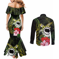 Kia Orana Cook Islands Couples Matching Mermaid Dress and Long Sleeve Button Shirt Turtle and Hibiscus Polynesian Pattern