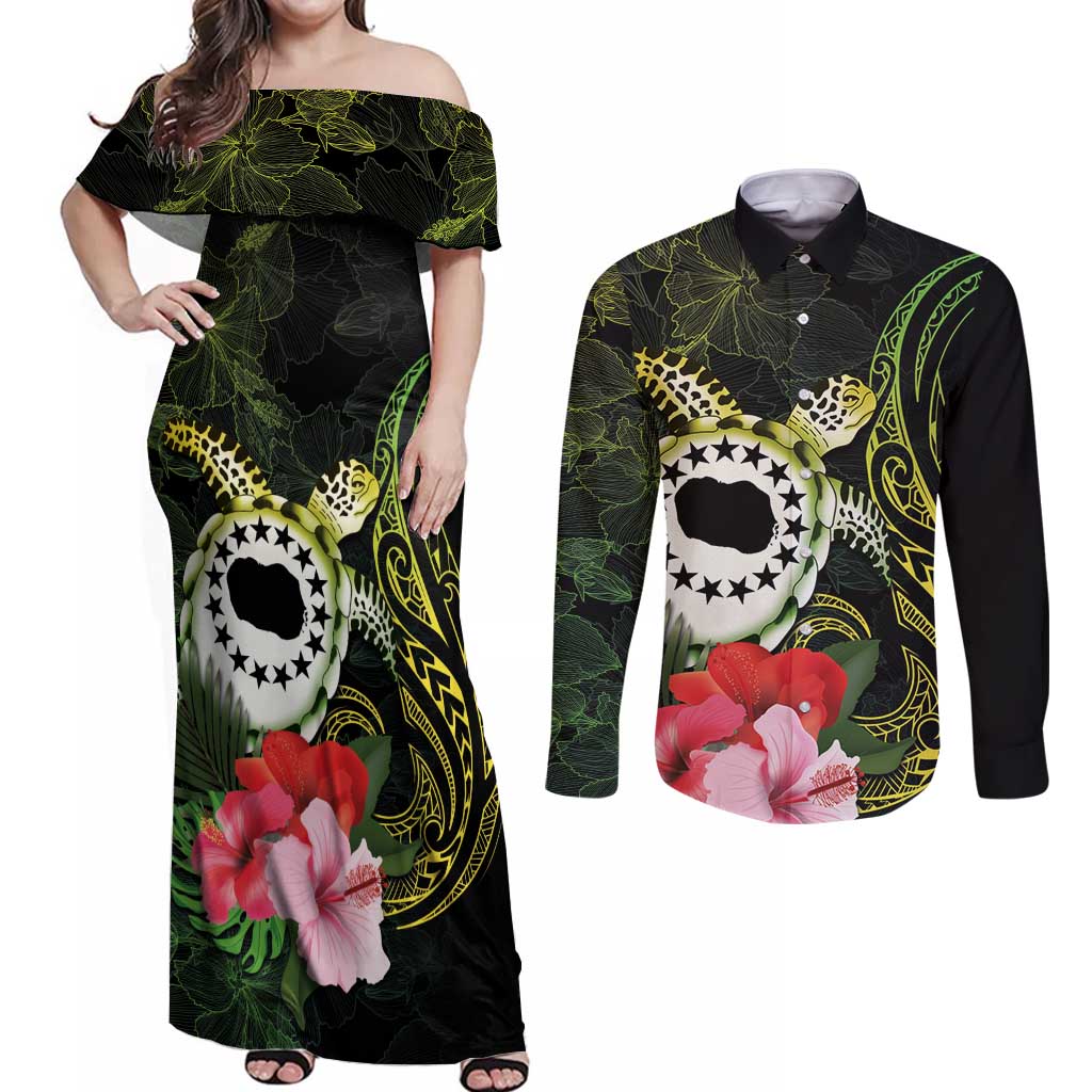 Kia Orana Cook Islands Couples Matching Off Shoulder Maxi Dress and Long Sleeve Button Shirt Turtle and Hibiscus Polynesian Pattern
