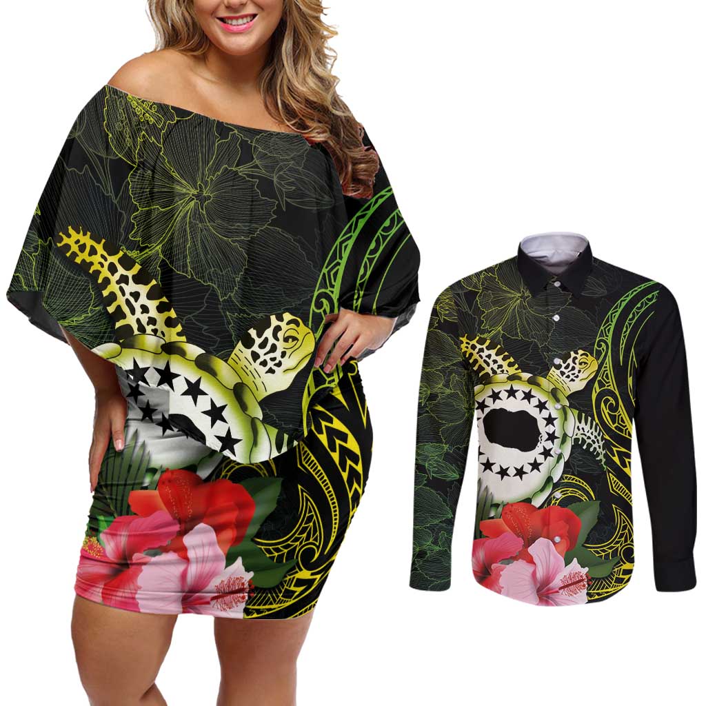 Kia Orana Cook Islands Couples Matching Off Shoulder Short Dress and Long Sleeve Button Shirt Turtle and Hibiscus Polynesian Pattern