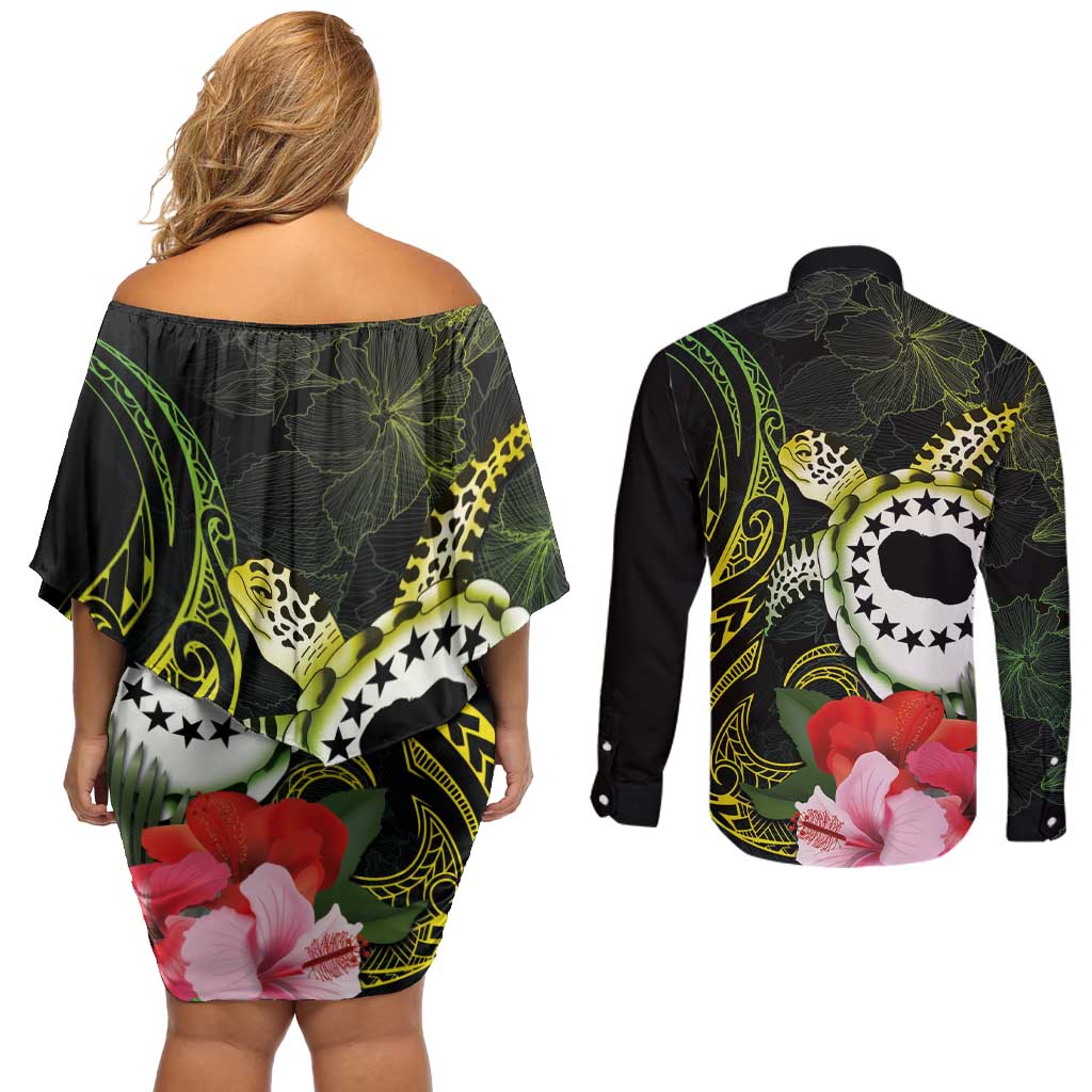 Kia Orana Cook Islands Couples Matching Off Shoulder Short Dress and Long Sleeve Button Shirt Turtle and Hibiscus Polynesian Pattern