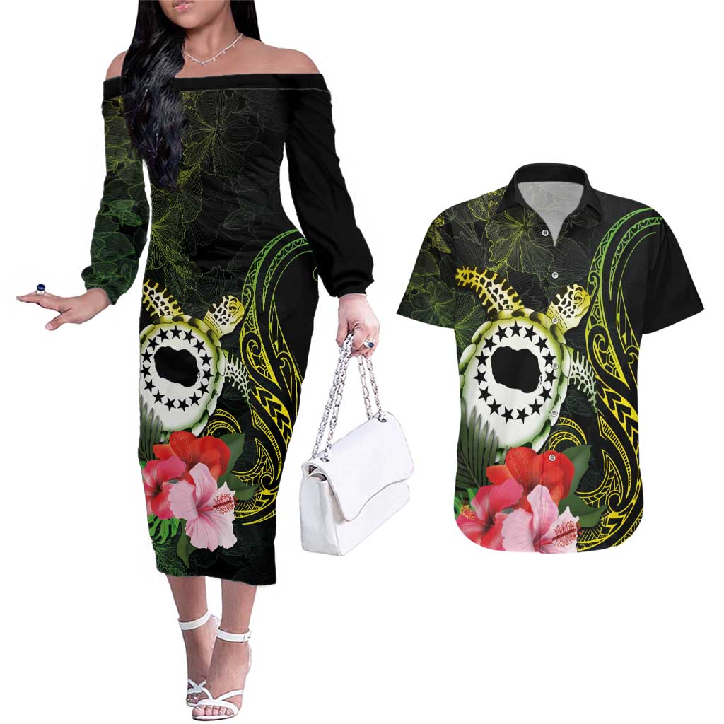 Kia Orana Cook Islands Couples Matching Off The Shoulder Long Sleeve Dress and Hawaiian Shirt Turtle and Hibiscus Polynesian Pattern