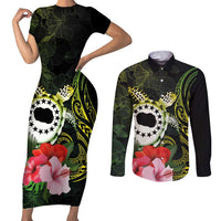 Kia Orana Cook Islands Couples Matching Short Sleeve Bodycon Dress and Long Sleeve Button Shirt Turtle and Hibiscus Polynesian Pattern