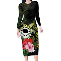 Kia Orana Cook Islands Family Matching Long Sleeve Bodycon Dress and Hawaiian Shirt Turtle and Hibiscus Polynesian Pattern LT03 Mom's Dress Yellow - Polynesian Pride