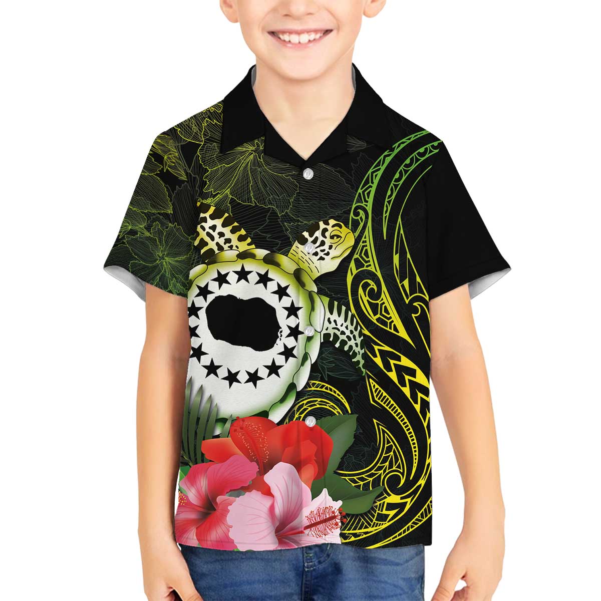Kia Orana Cook Islands Family Matching Off Shoulder Short Dress and Hawaiian Shirt Turtle and Hibiscus Polynesian Pattern