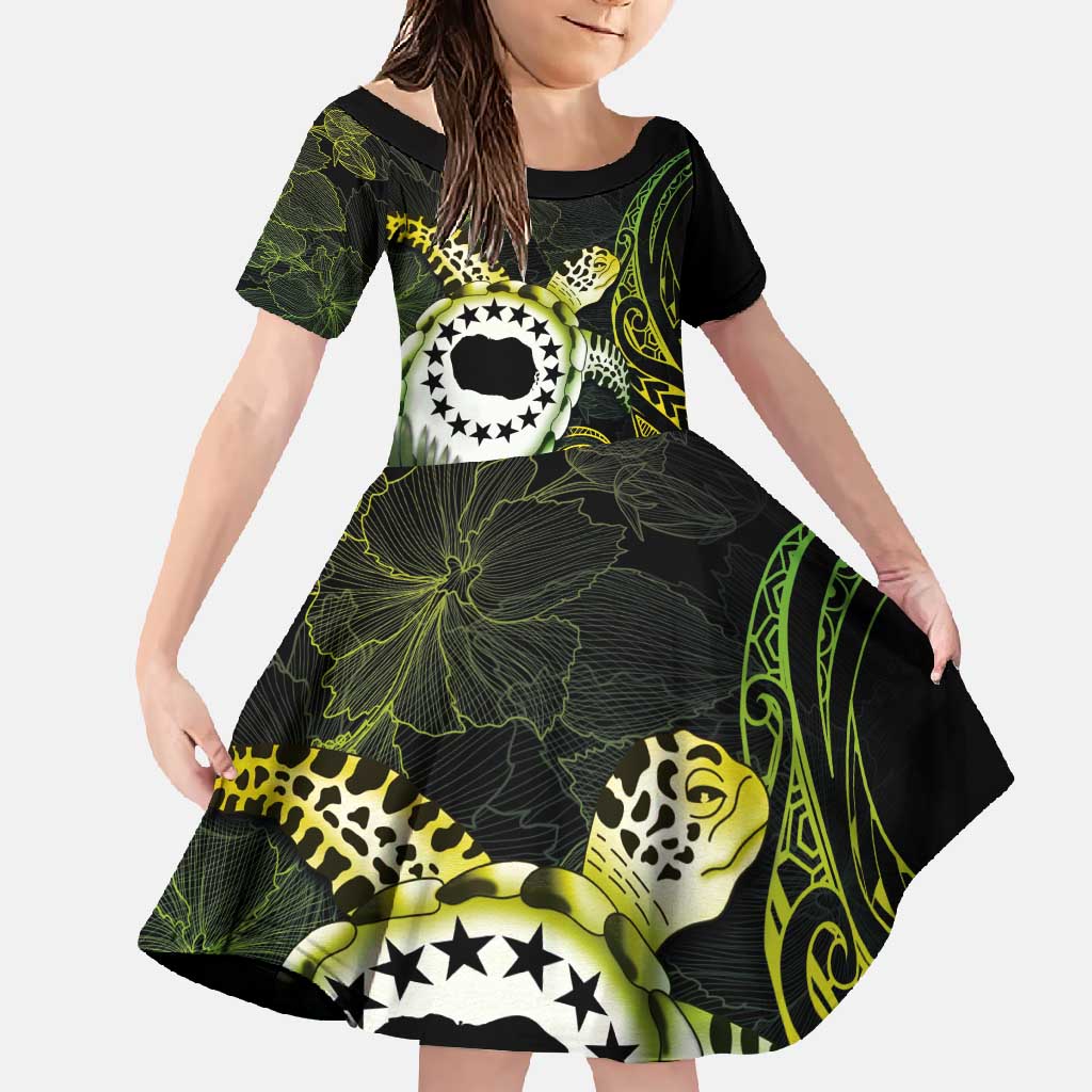 Kia Orana Cook Islands Family Matching Short Sleeve Bodycon Dress and Hawaiian Shirt Turtle and Hibiscus Polynesian Pattern LT03 Daughter's Dress Yellow - Polynesian Pride