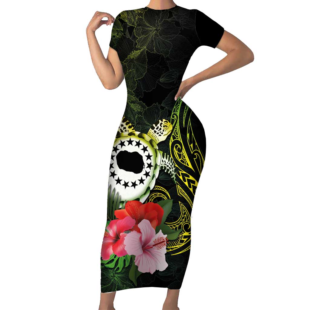 Kia Orana Cook Islands Family Matching Short Sleeve Bodycon Dress and Hawaiian Shirt Turtle and Hibiscus Polynesian Pattern LT03 Mom's Dress Yellow - Polynesian Pride