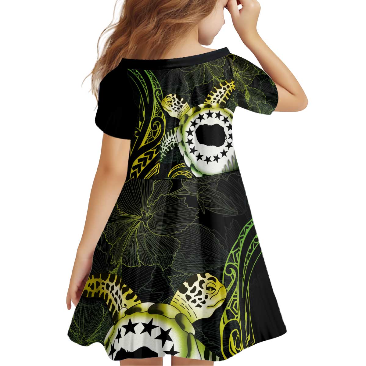 Kia Orana Cook Islands Kid Short Sleeve Dress Turtle and Hibiscus Polynesian Pattern