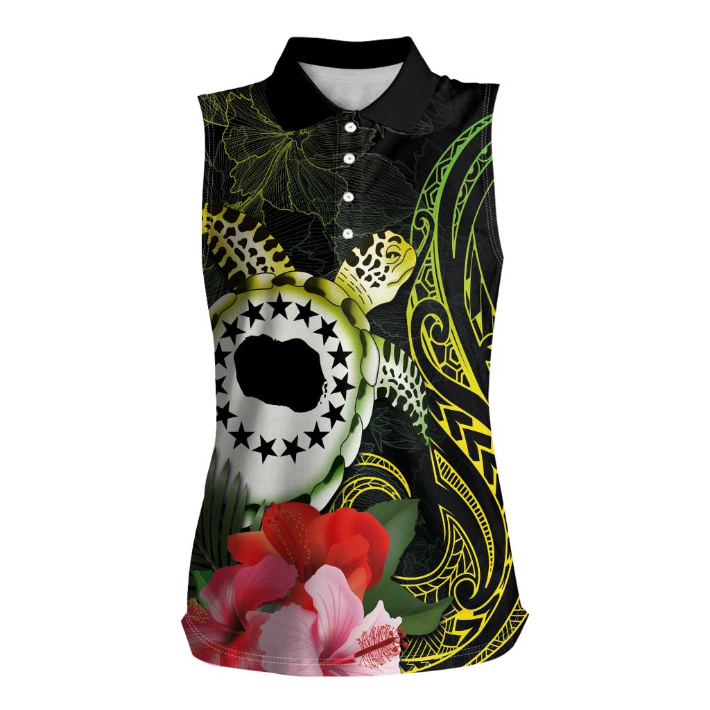 Kia Orana Cook Islands Women Sleeveless Polo Shirt Turtle and Hibiscus Polynesian Pattern