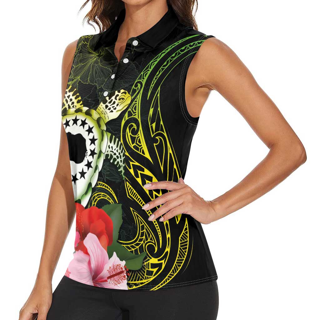Kia Orana Cook Islands Women Sleeveless Polo Shirt Turtle and Hibiscus Polynesian Pattern