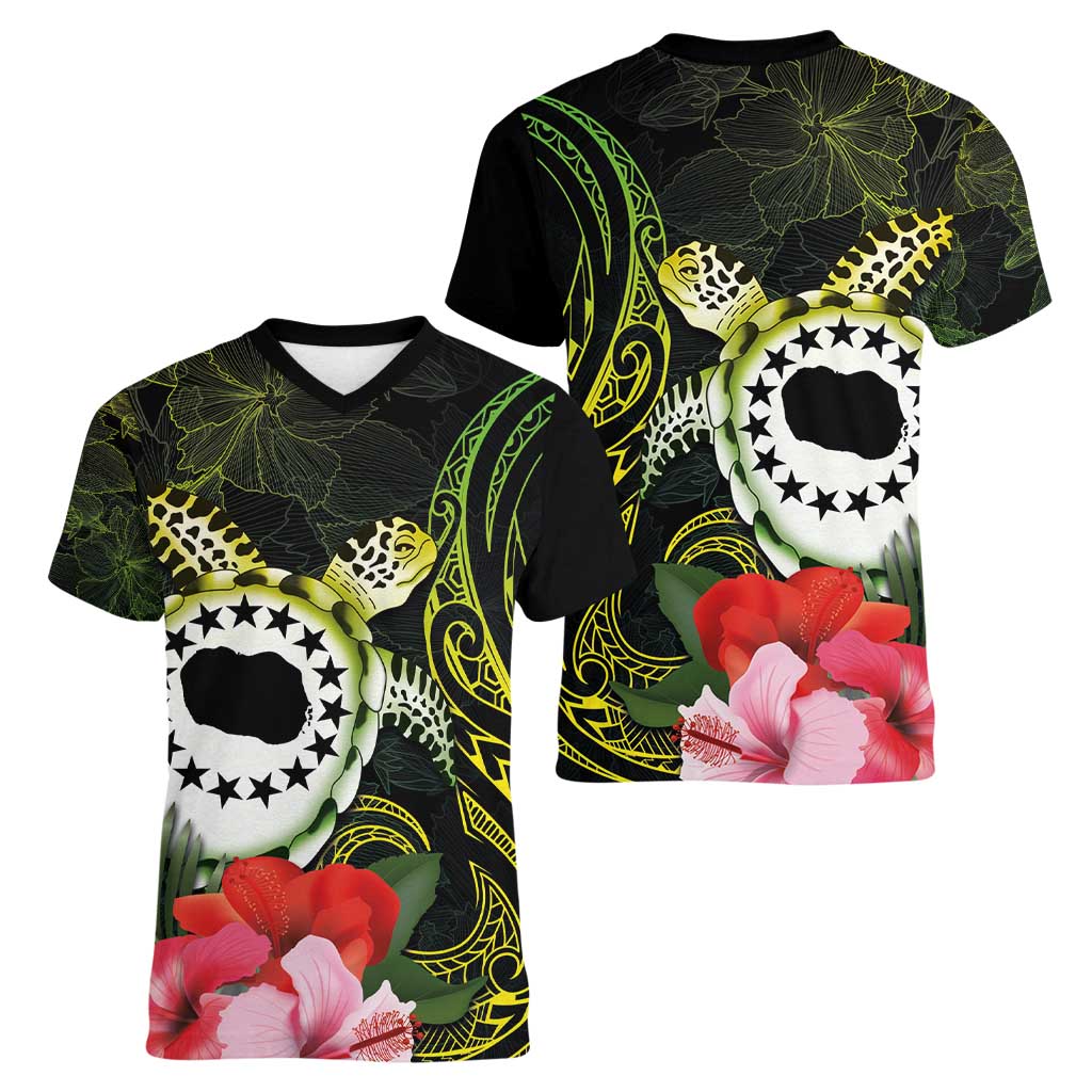 Kia Orana Cook Islands Women V-Neck T-Shirt Turtle and Hibiscus Polynesian Pattern