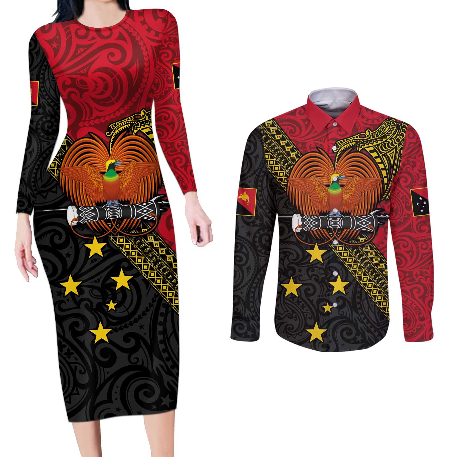 Papua new Guinea Goroka Show Couples Matching Long Sleeve Bodycon Dress and Long Sleeve Button Shirt Bird-of-paradise and Melanesian Tattoo Pattern