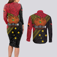 Papua new Guinea Goroka Show Couples Matching Long Sleeve Bodycon Dress and Long Sleeve Button Shirt Bird-of-paradise and Melanesian Tattoo Pattern