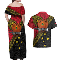 Papua New Guinea Goroka Show Couples Matching Off Shoulder Maxi Dress and Hawaiian Shirt Bird-of-paradise and Melanesian Tattoo Pattern LT03 - Polynesian Pride