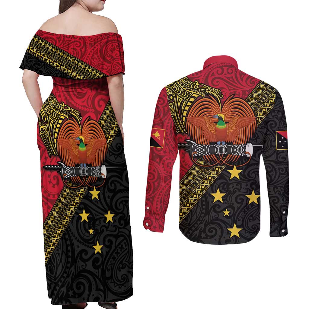 Papua new Guinea Goroka Show Couples Matching Off Shoulder Maxi Dress and Long Sleeve Button Shirt Bird-of-paradise and Melanesian Tattoo Pattern