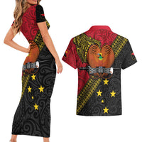 Papua New Guinea Goroka Show Couples Matching Short Sleeve Bodycon Dress and Hawaiian Shirt Bird-of-paradise and Melanesian Tattoo Pattern LT03 - Polynesian Pride