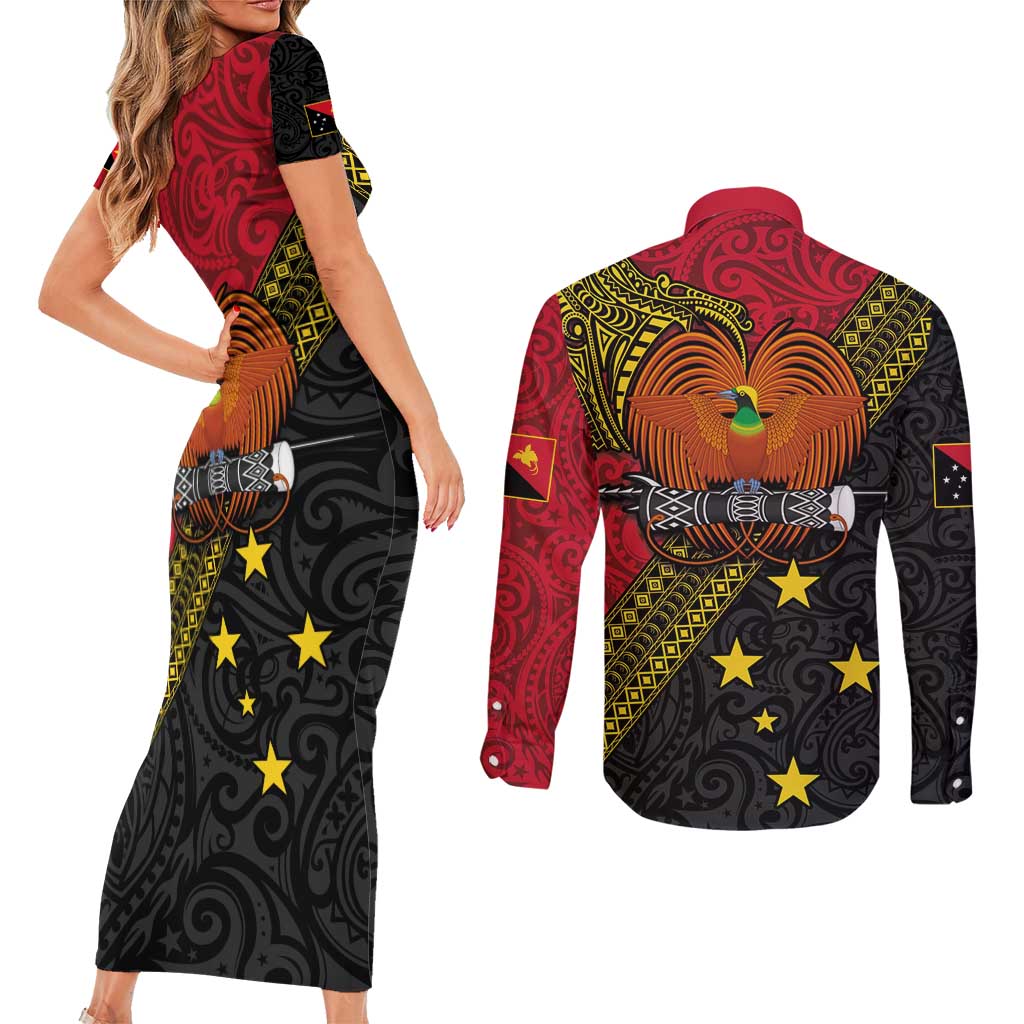 Papua new Guinea Goroka Show Couples Matching Short Sleeve Bodycon Dress and Long Sleeve Button Shirt Bird-of-paradise and Melanesian Tattoo Pattern