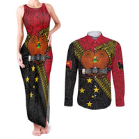 Papua new Guinea Goroka Show Couples Matching Tank Maxi Dress and Long Sleeve Button Shirt Bird-of-paradise and Melanesian Tattoo Pattern