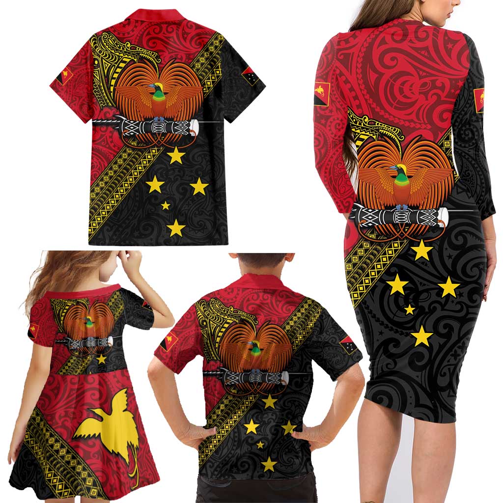 Papua New Guinea Goroka Show Family Matching Long Sleeve Bodycon Dress and Hawaiian Shirt Bird-of-paradise and Melanesian Tattoo Pattern LT03 - Polynesian Pride