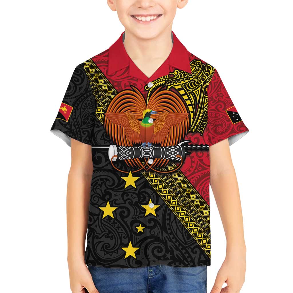 Papua New Guinea Goroka Show Family Matching Long Sleeve Bodycon Dress and Hawaiian Shirt Bird-of-paradise and Melanesian Tattoo Pattern LT03 Son's Shirt Red - Polynesian Pride