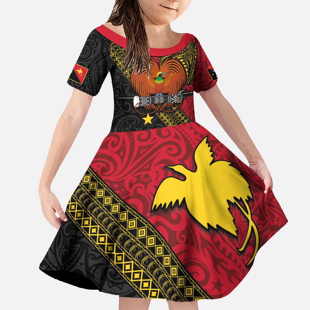 Papua New Guinea Goroka Show Family Matching Mermaid Dress and Hawaiian Shirt Bird-of-paradise and Melanesian Tattoo Pattern LT03 Daughter's Dress Red - Polynesian Pride