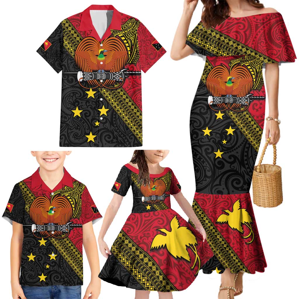 Papua New Guinea Goroka Show Family Matching Mermaid Dress and Hawaiian Shirt Bird-of-paradise and Melanesian Tattoo Pattern LT03 - Polynesian Pride