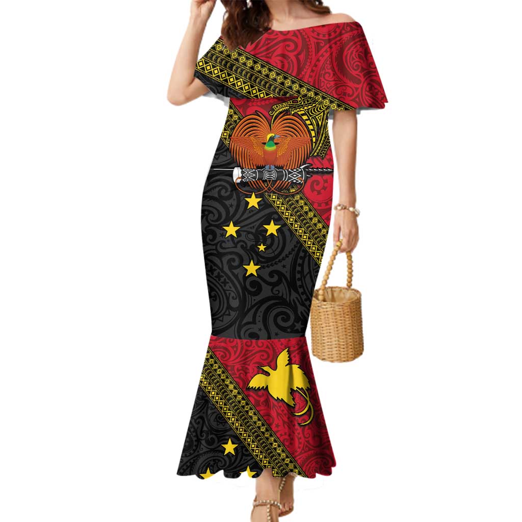 Papua New Guinea Goroka Show Family Matching Mermaid Dress and Hawaiian Shirt Bird-of-paradise and Melanesian Tattoo Pattern LT03 Mom's Dress Red - Polynesian Pride